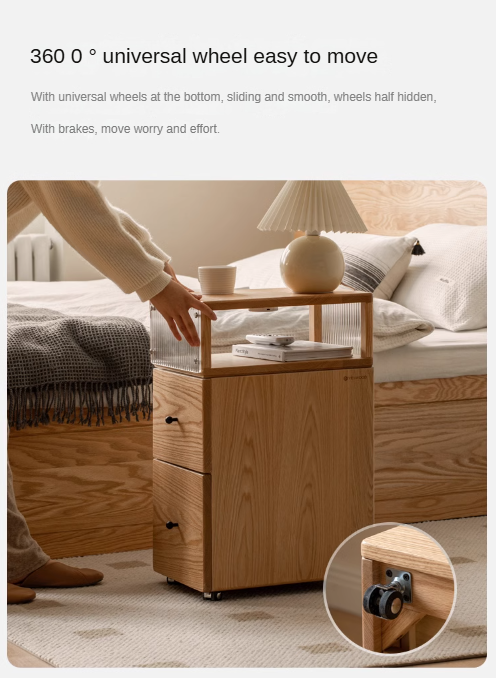 Solid Oak Wood Nightstand with Wheels and Built-in Light - Narrow Bedside Table for Small Spaces - Perfect for Bedrooms, Dorms, and Apartments