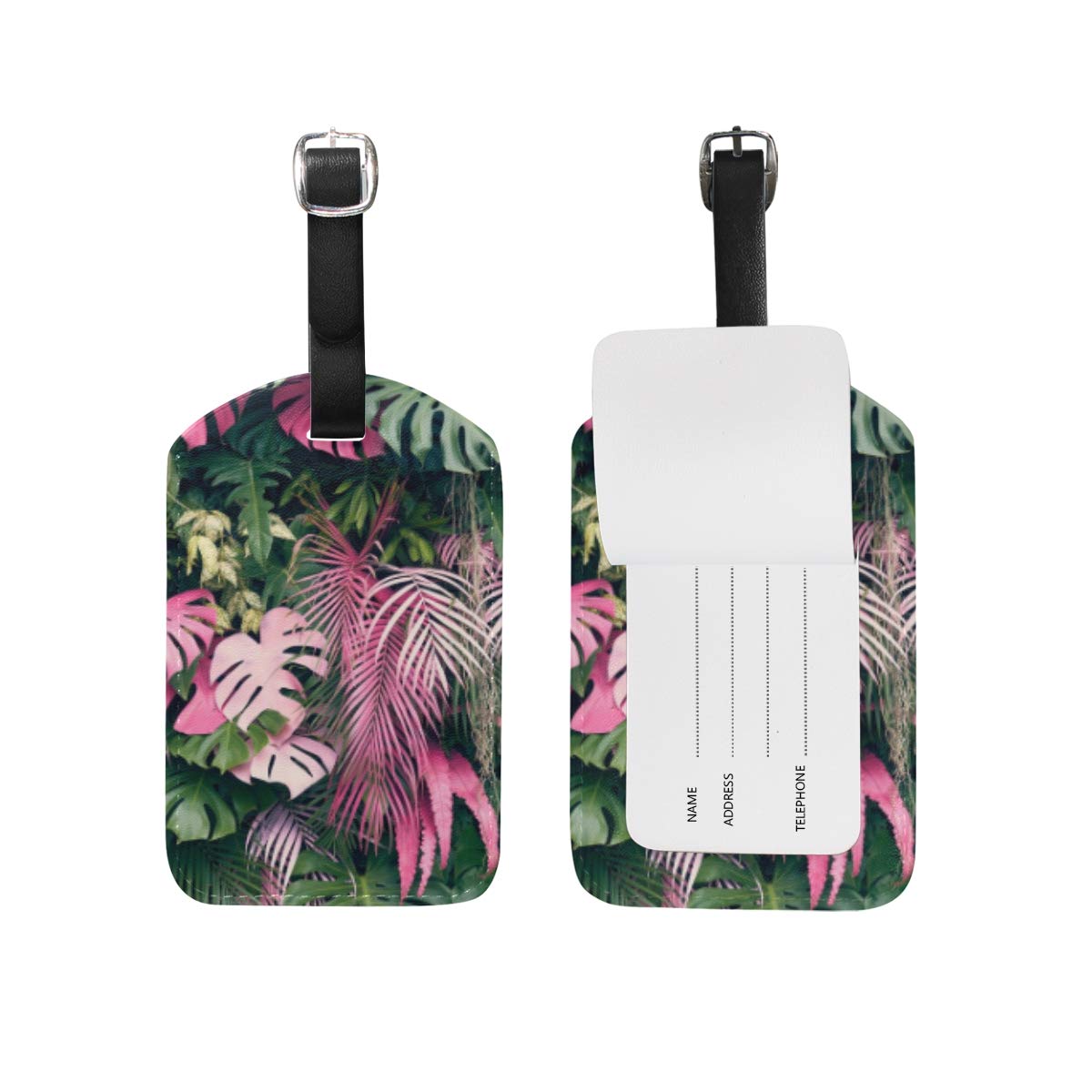 PU Leather Luggage Tag with Tropical Leaves Design - Waterproof ID Name Tag for Suitcases & Travel Bags - Privacy Cover for Men & Women - Perfect for Vacation, Business Trips & Airport Identification (1 Piece)