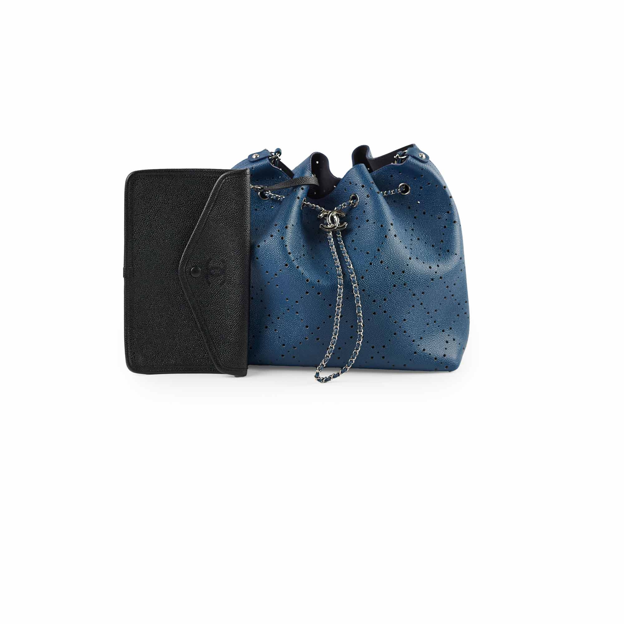 Chanel Perforated Drawstring Bucket Bag in Blue | Luxury Designer Handbag for Women | Perfect for Casual Outings & Beach Vacations