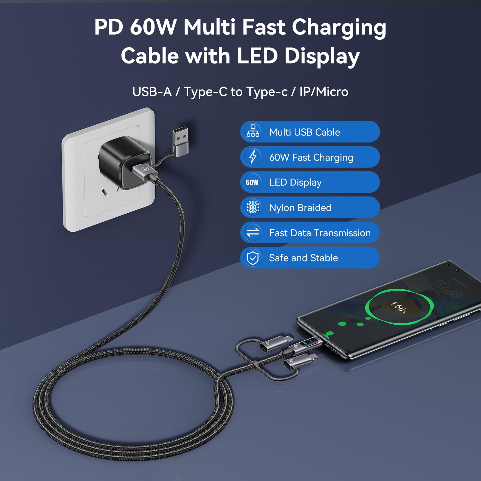 6-in-1 Multi Charger Cable with LED Display | 60W PD Fast Charging USB-C to USB-C/USB-A/Micro Cable (4ft) | Compatible with iPhone, Samsung, Laptops & More | Perfect for Home, Office & Travel Charging