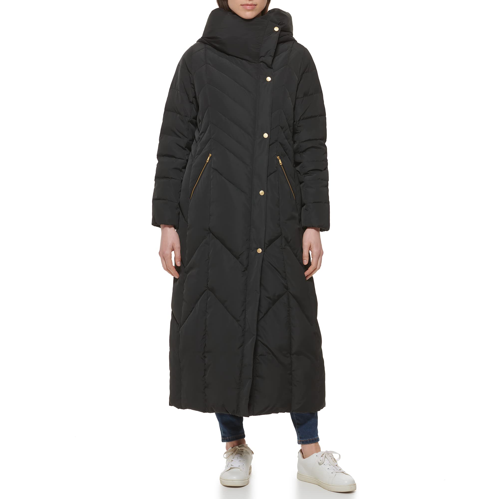 Cole Haan Women's Taffeta Down Puffer Jacket with Convertible Collar & Chevron Quilting - Warm Winter Coat for Work, Travel & Outdoor Activities