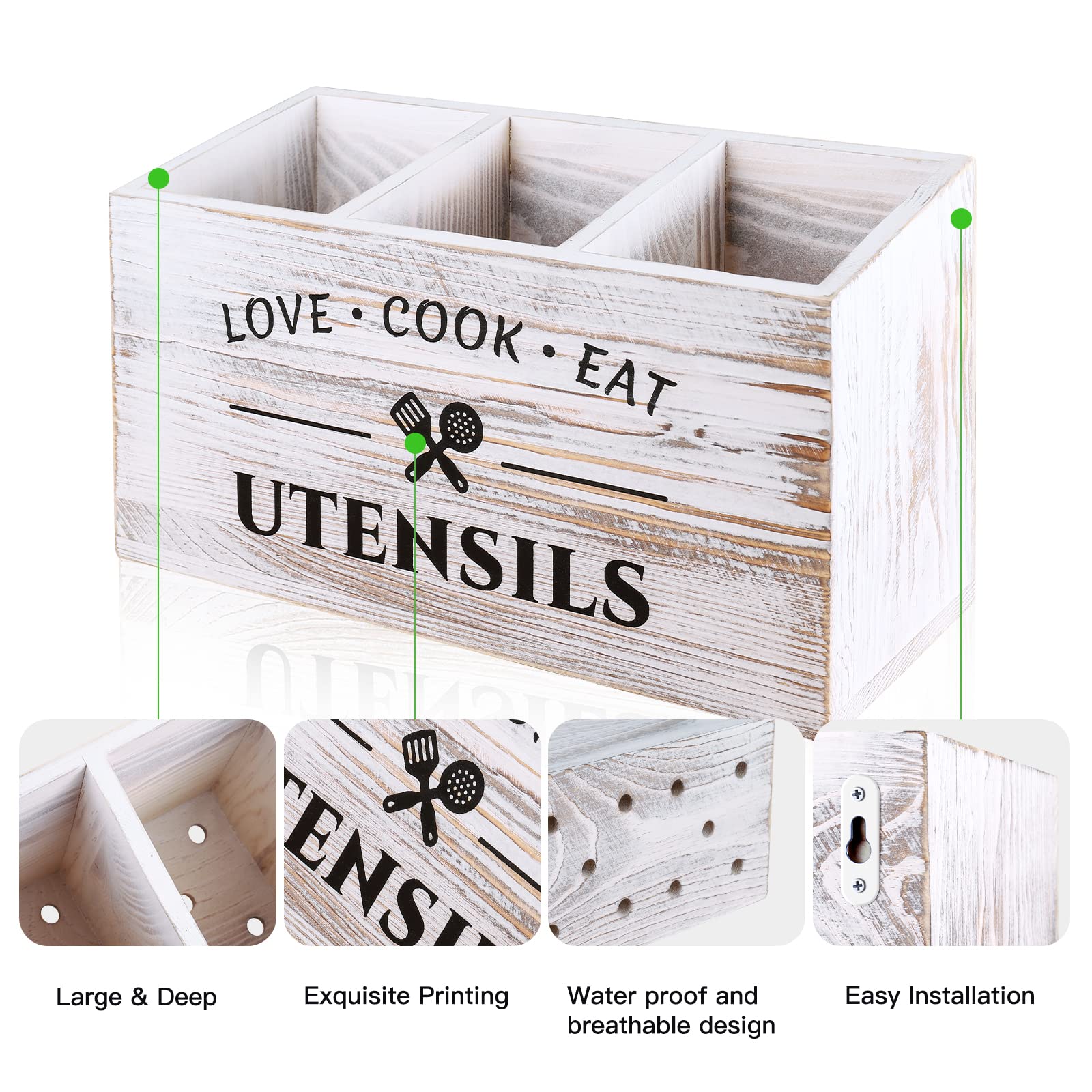 Rustic Farmhouse Style Wooden Kitchen Utensil Caddy with 3 Compartments - White | Storage & Organization for Spoons, Spatulas & Cooking Tools | Perfect for Countertop, Pantry & Kitchen Decor