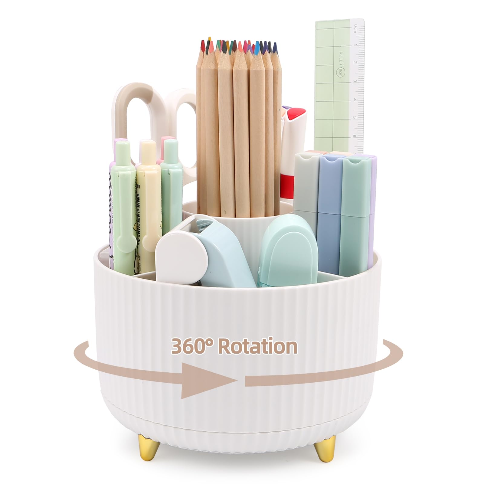 360° Rotating Makeup Brush Organizer with 5 Slots - White Cosmetic Brush Storage Holder & Cute Pencil Cup for Vanity Desk - Perfect for Makeup Brushes, Pens, and Desk Accessories Organization