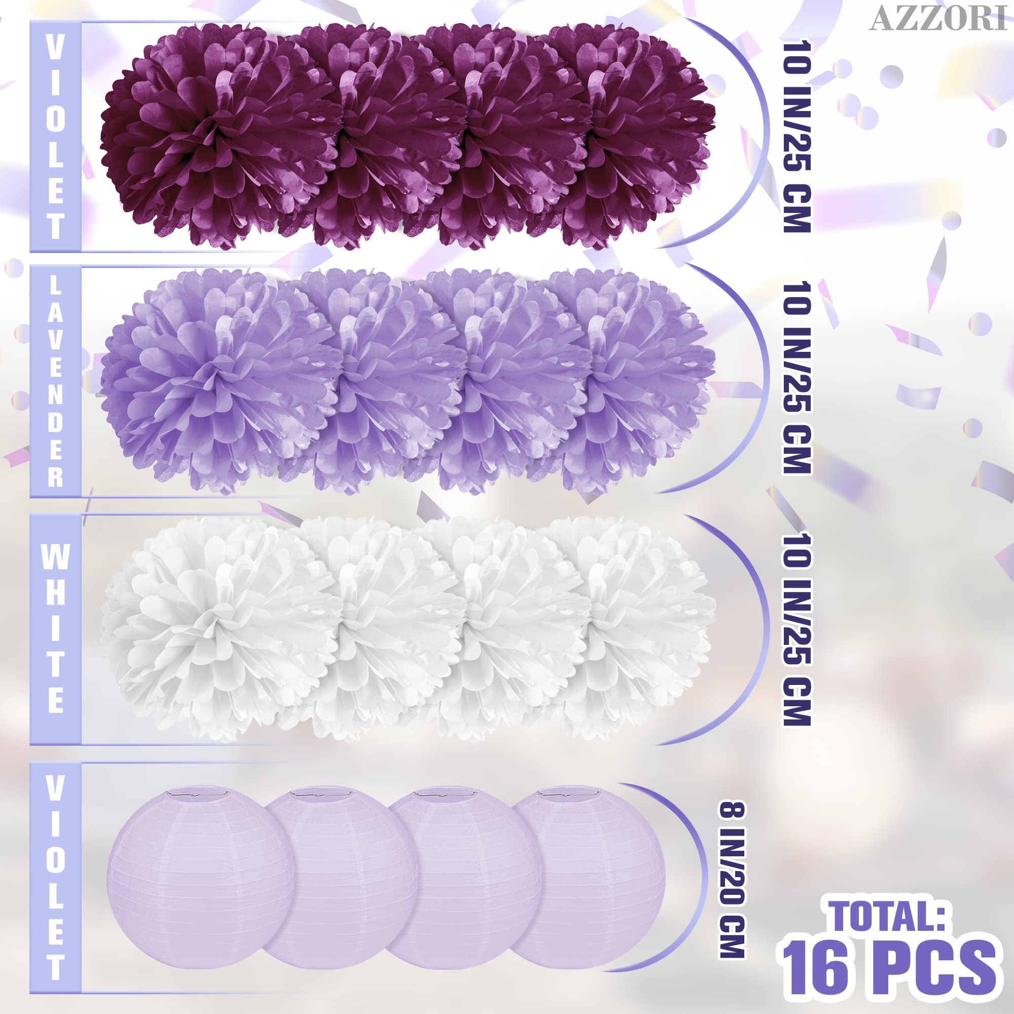 16 Pcs Purple Tissue Paper Flowers - Bulk Purple Birthday Party Decorations for Women, Retirement, Bridal Shower & Baby Shower | DIY Floral Backdrop, Table Centerpieces, Wall Decor