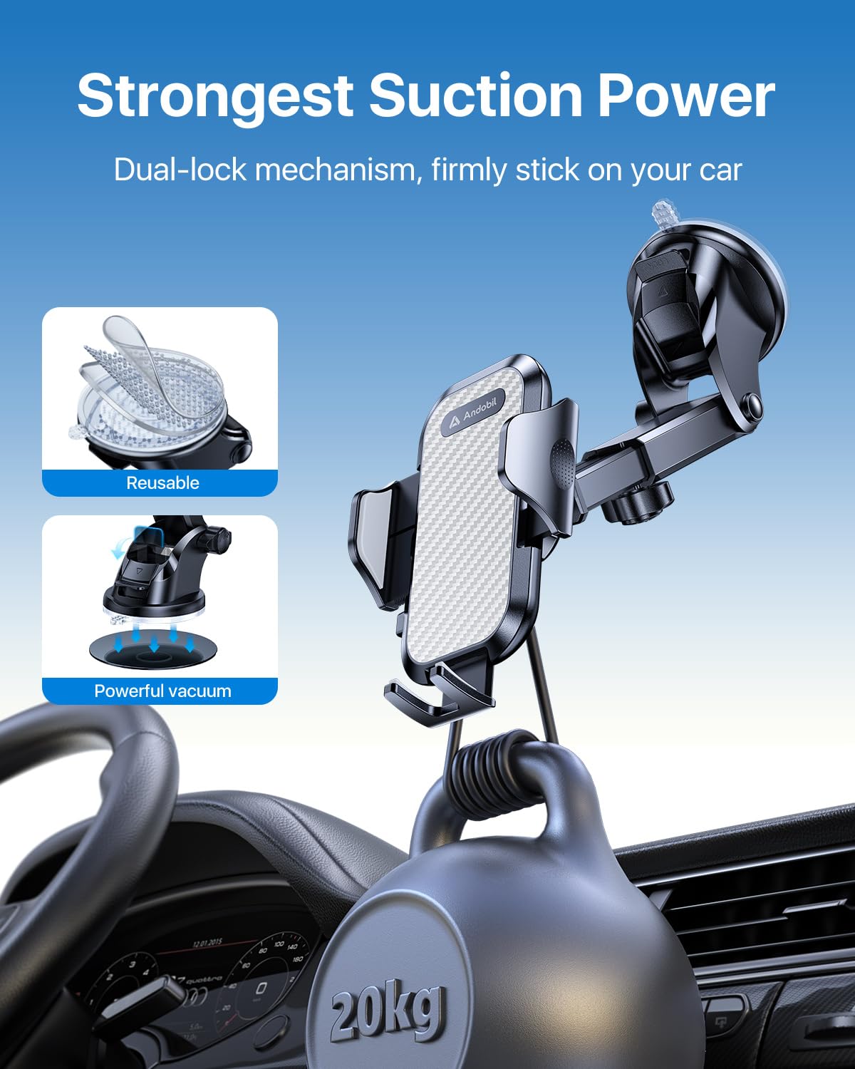 andobil Universal Car Phone Holder - Military-Grade Strong Suction Dashboard & Windshield Mount for iPhone 16/15/14/13/12 Pro Max, Samsung S25/S24/S23 - Perfect for Hands-Free Driving, GPS Navigation & Road Trips