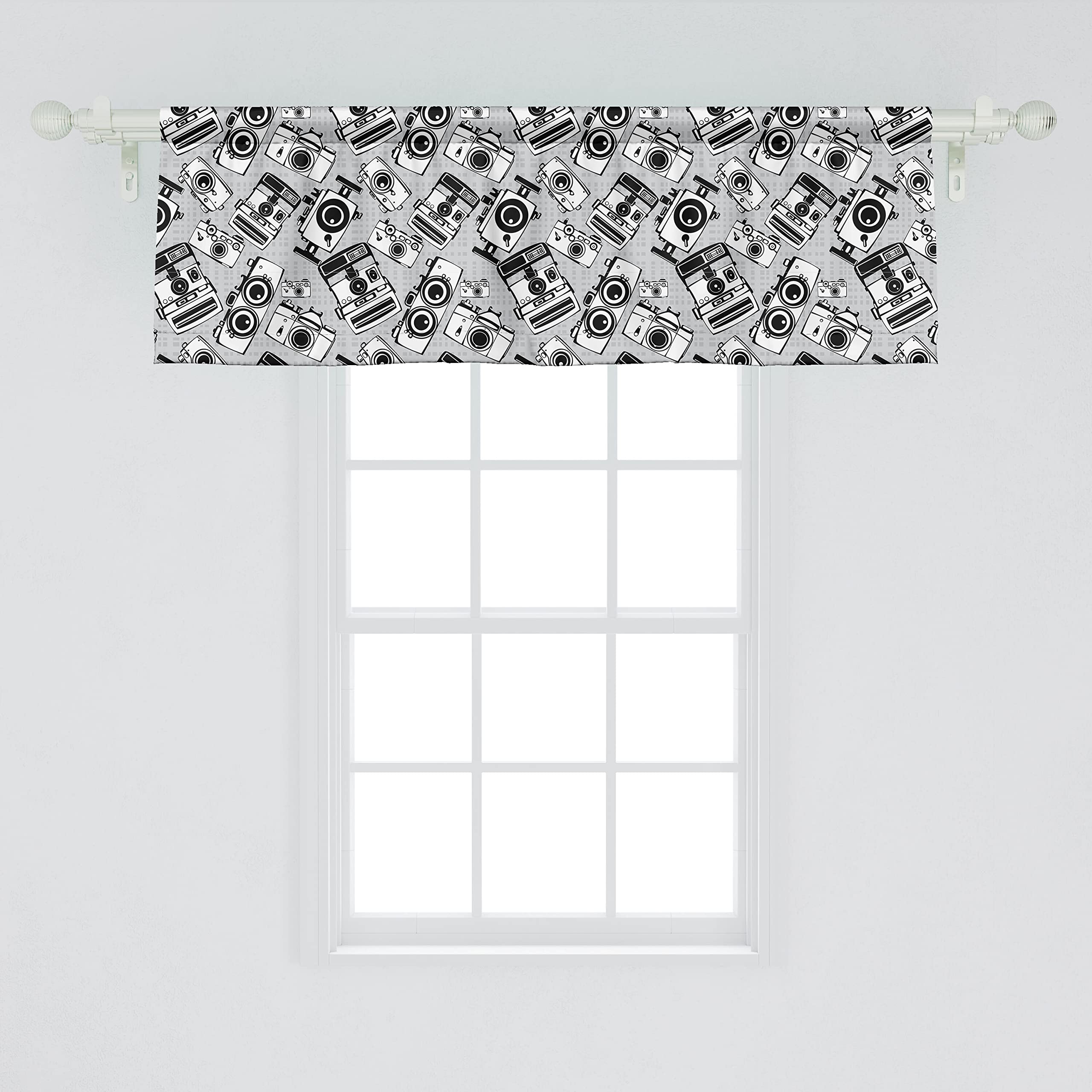 Ambesonne Vintage Film Camera Window Valance Set of 2 - Gray & White Photography Theme Rod Pocket Curtains 54x18 Inches for Kitchen, Bedroom, Living Room - Perfect for Photography Enthusiasts & Retro Home Decor