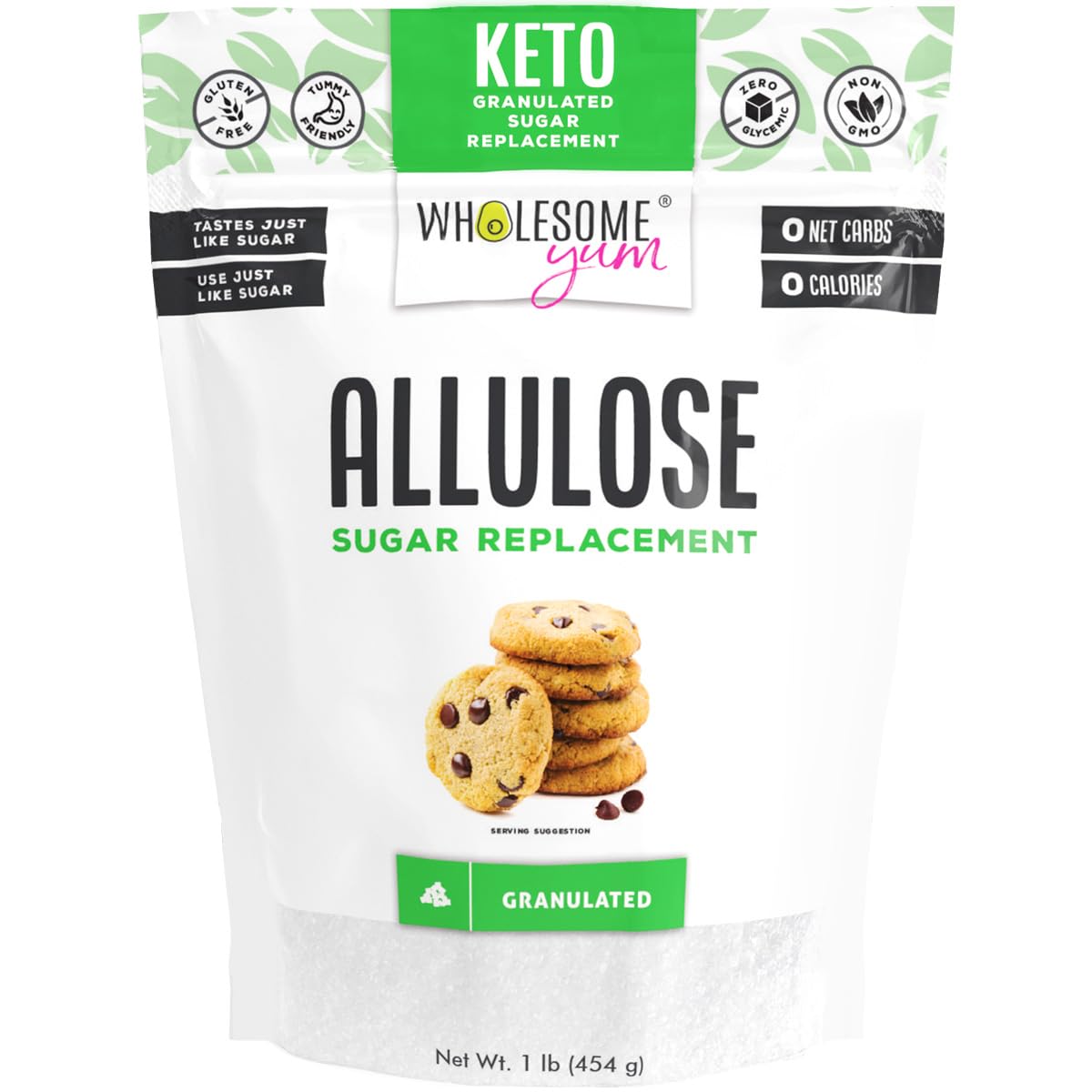 Wholesome Yum Allulose Sweetener - Natural Granulated Sugar Substitute for Baking & Coffee | Keto Friendly, Non-GMO, Zero Carb, Zero Calorie, Sugar Free | No Aftertaste, Tummy Friendly | Perfect for Diabetics & Low-Carb Diet (16 oz / 1 lb)