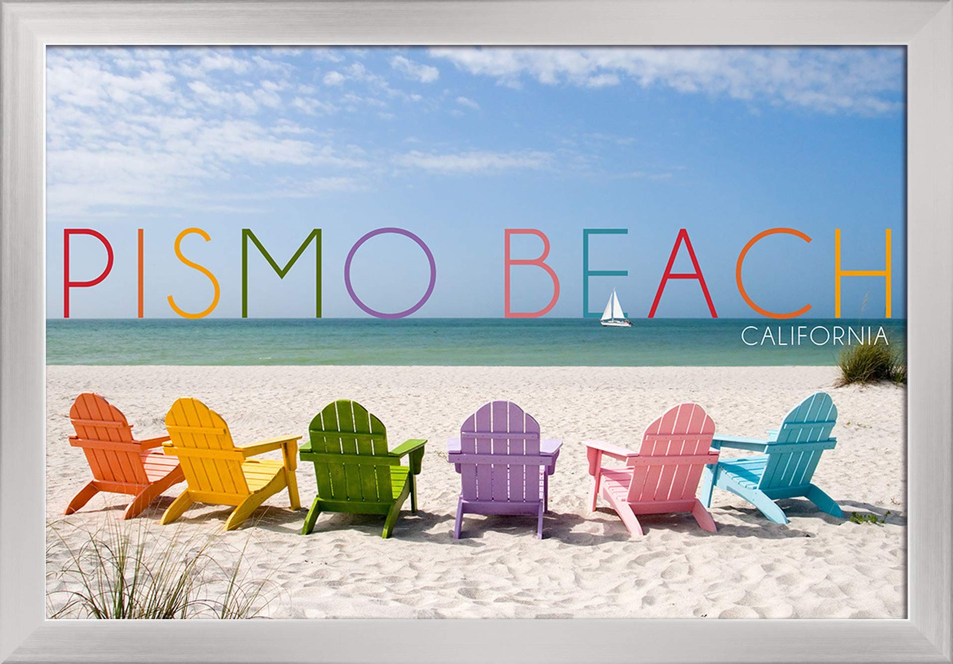 Pismo Beach California Colorful Beach Chairs - 16x24 Giclee Fine Art Print with Recycled Wood Frame in Silver | Coastal Home Decor, Living Room Wall Art, Beach House Gift