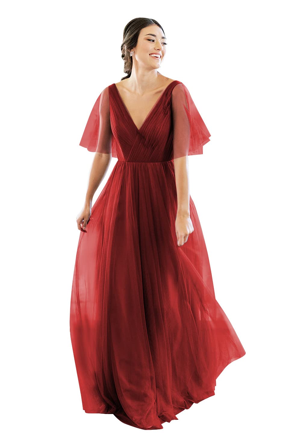Elegant V-Neck Short Sleeve Tulle Bridesmaid Dress for Women - Backless Long Formal Gown for Wedding, Prom & Special Occasions