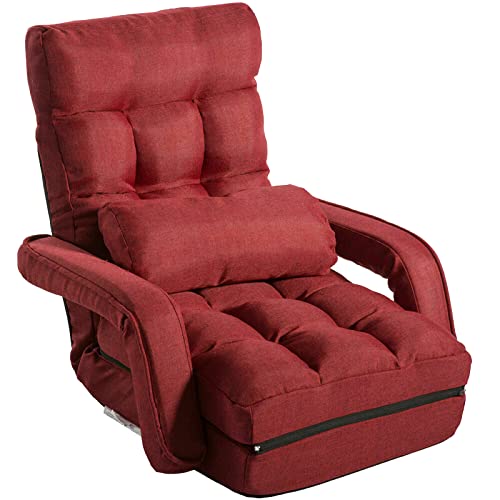 Foldable Lazy Sofa Floor Chair - Adjustable Lounger Bed with Padded Seat, Armrests & Pillow for Gaming, Reading & Relaxing in Living Room, Bedroom or Dorm (Red) - Perfect for Video Games, Movie Nights & Nap Time