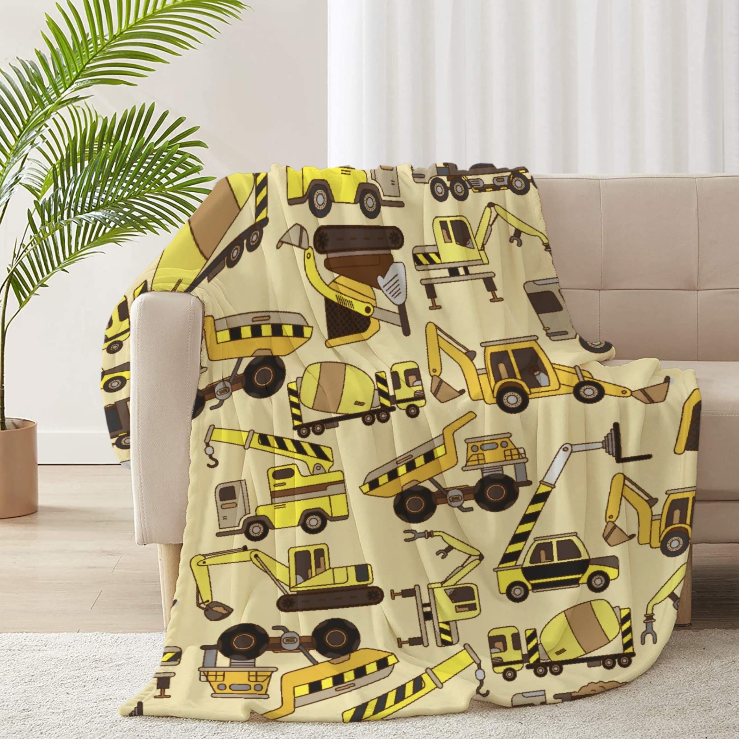 **RICKYOUNG Yellow Excavator & Tractor Truck Fleece Flannel Blanket - Soft Plush Microfiber Throw for Couch, Bed, Sofa - 120