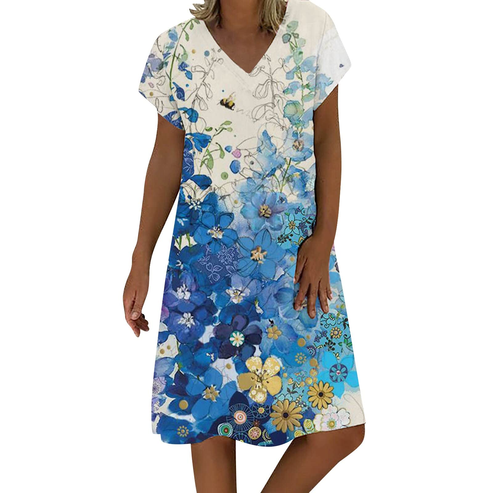 Women's Summer Floral V-Neck Short Sleeve Pullover Bohemian Shirt Dress - Knee Length Casual Beach Dress for Vacation, Picnic & Outdoor Activities