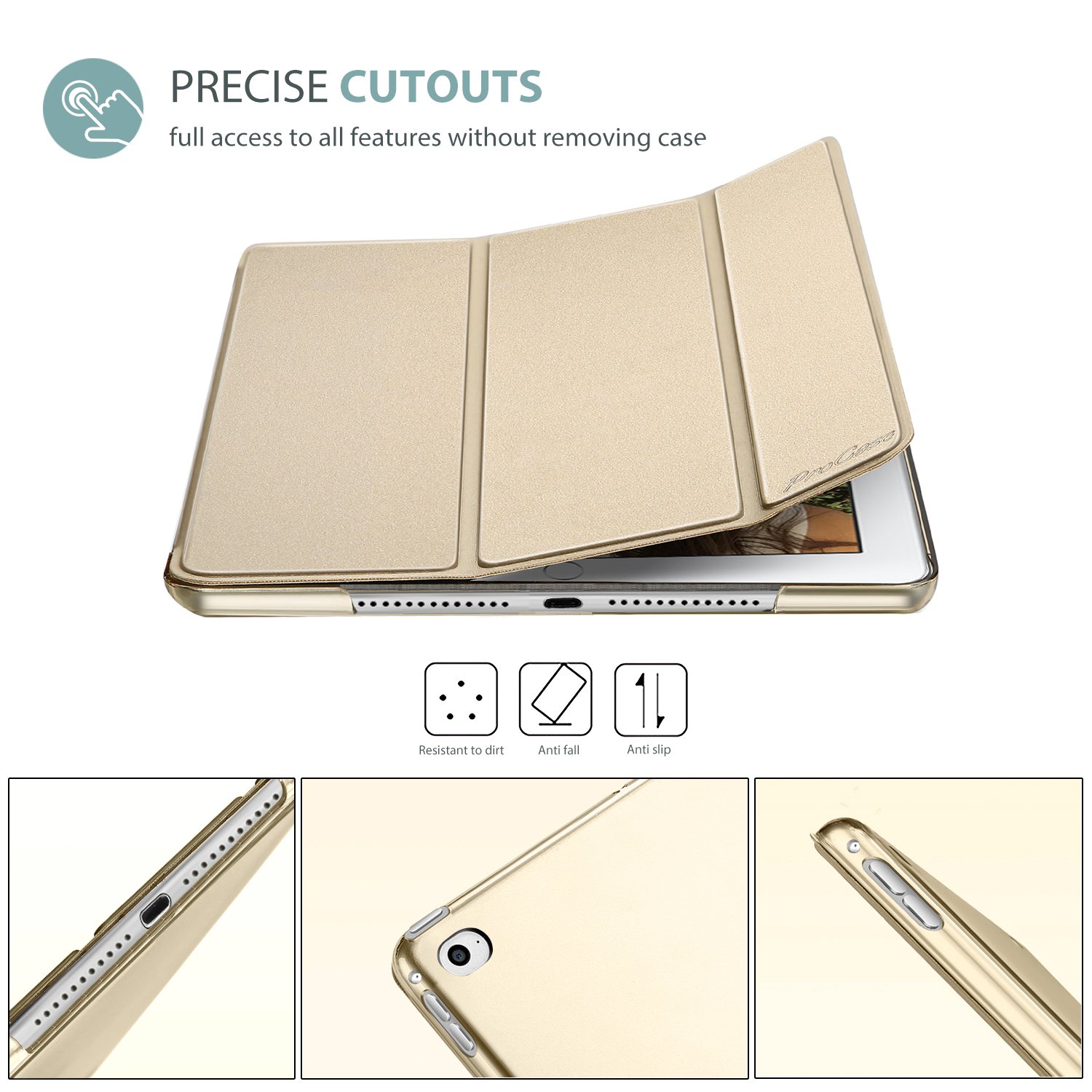 ProCase Ultra Slim Lightweight Smart Case for iPad Mini 4 (2015 Model A1538/A1550) - Translucent Frosted Back Cover with Stand Feature - Perfect for Work, Travel & Home Use - Gold