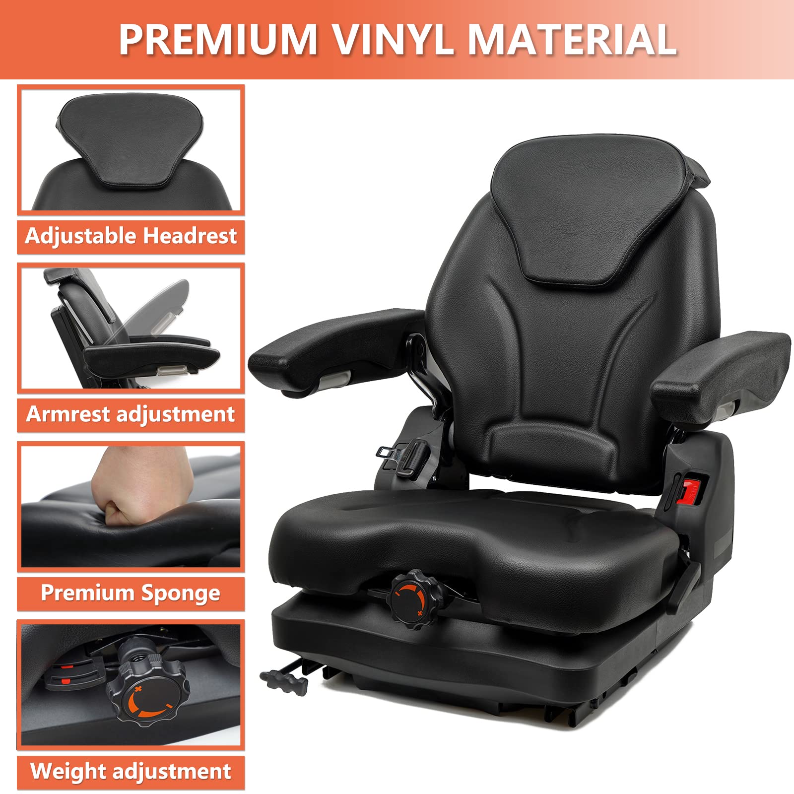 Heavy Duty Tractor Suspension Seat with Adjustable Backrest, Micro Switch & Seatbelt - Foldable Forklift Seat with Armrests for Tractors, Mowers, Excavators & Harvesters - Ideal for Farming, Construction & Landscaping Operations