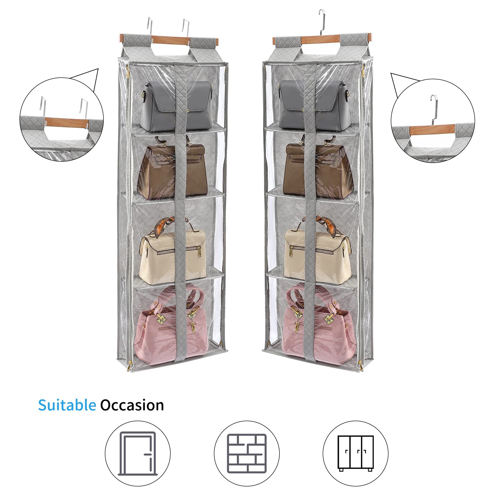Hanging Purse Organizer with Zippers - 4 Grids Fully Enclosed Handbag Storage for Closet & Over the Door - Perfect for Purse, Bag & Accessory Organization in Bedroom, Walk-in Closet or Dorm Room