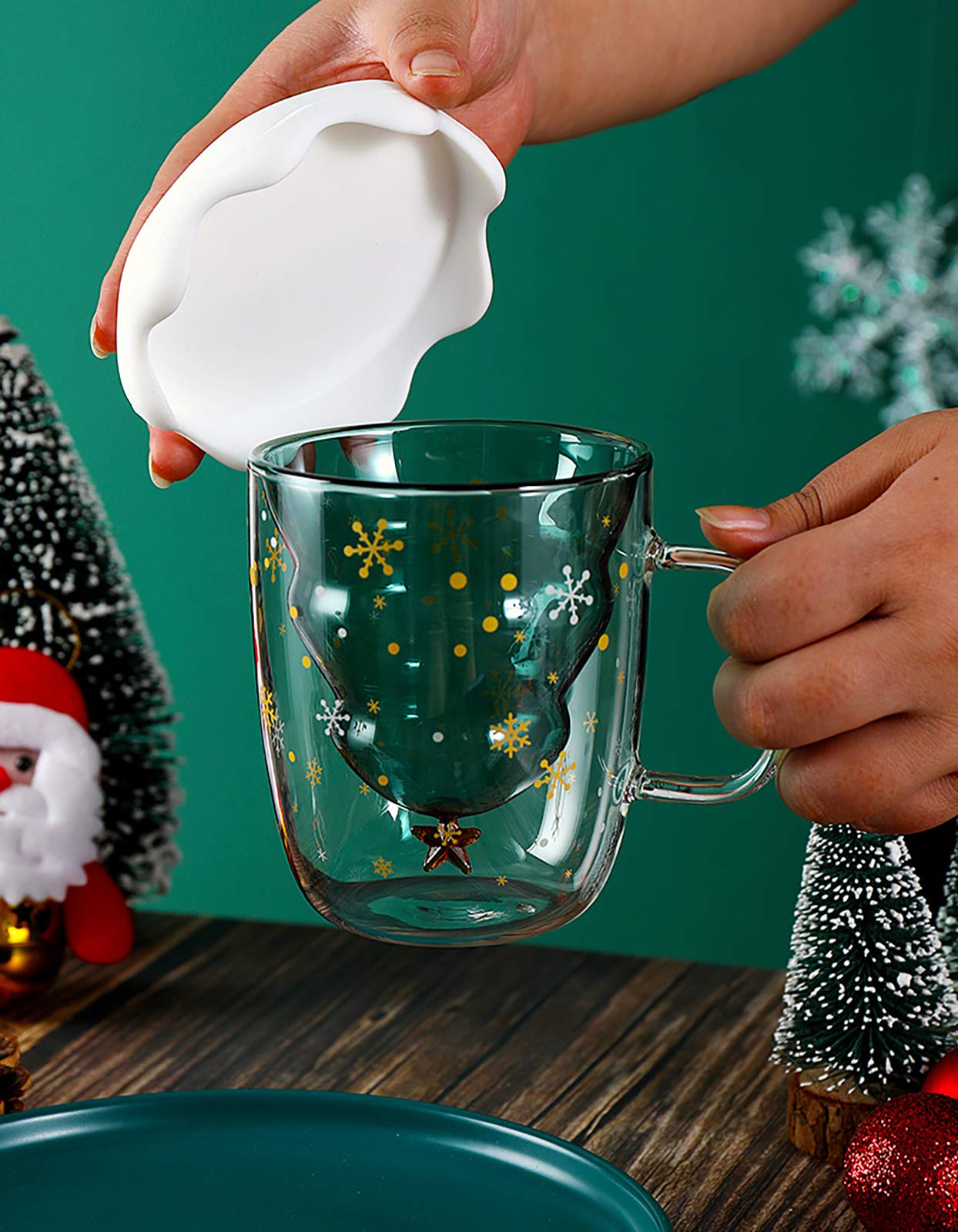 Christmas Tree Shaped Double Wall Coffee Glass Mug - Insulated Cute Couple Cup for Hot & Cold Drinks - Romantic Valentine's Day, Christmas & Birthday Gift (Blue) - Perfect for Holiday Coffee Dates, Cozy Winter Mornings & Couple Gift Exchanges