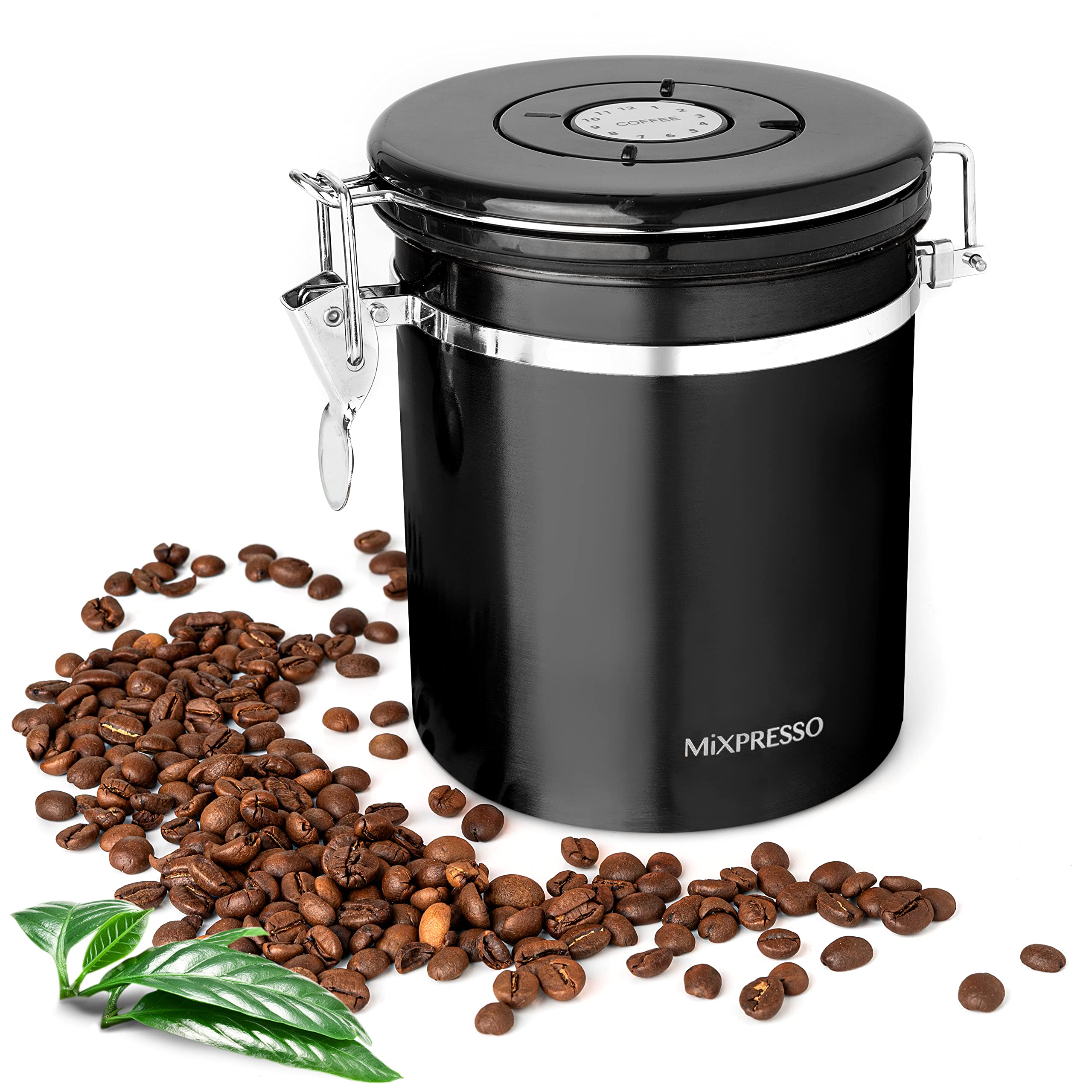 Mixpresso 16oz Black Stainless Steel Vacuum Sealed Coffee Storage Canister - Airtight Coffee Container with Date Tracker for Grounds, Beans & Pods - Perfect for Kitchen, Office & Camping Use
