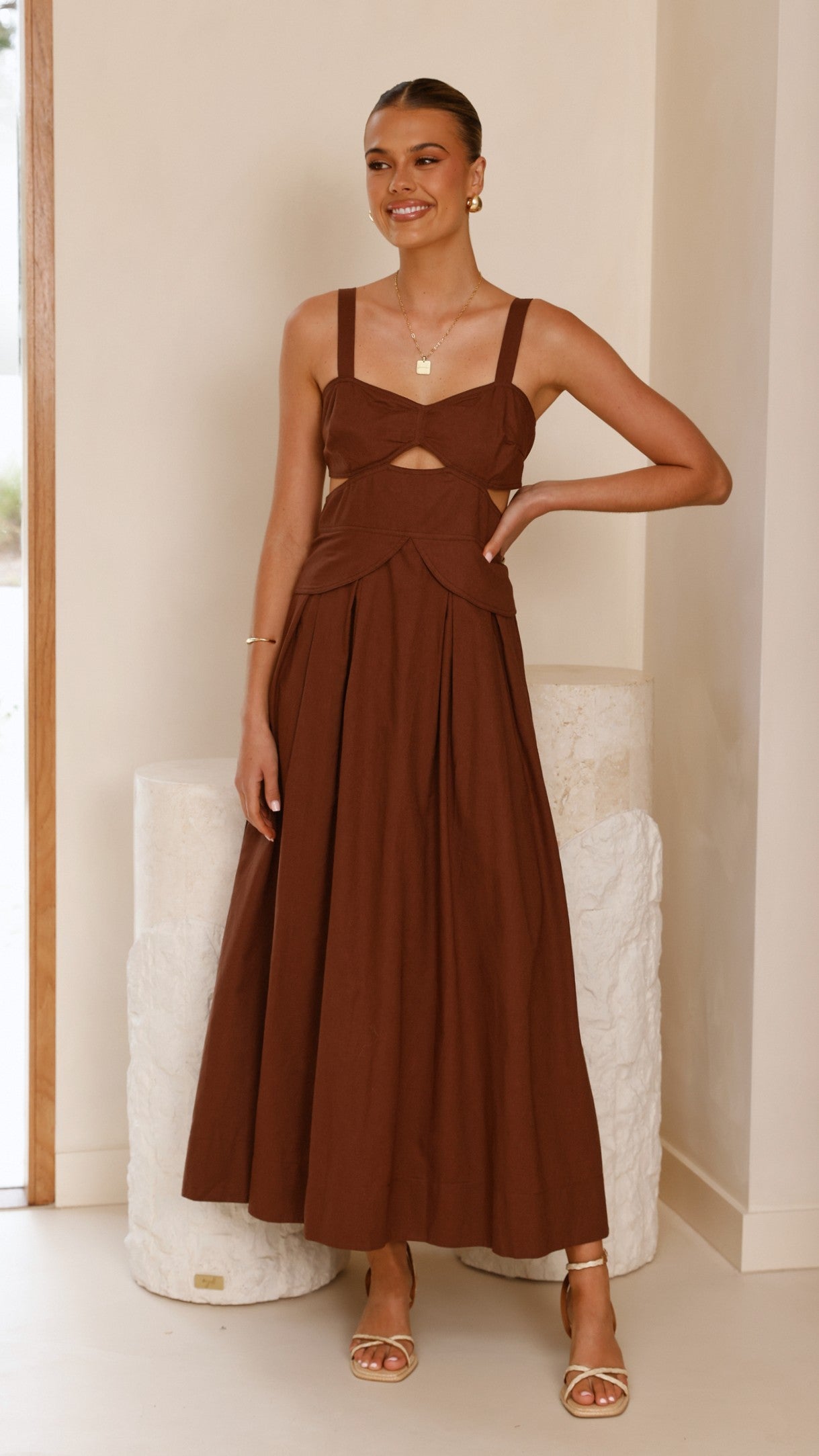 Harleigh Midi Dress in Brown | Flowy Casual Summer Dress for Women | Perfect for Beach, Brunch & Date Nights
