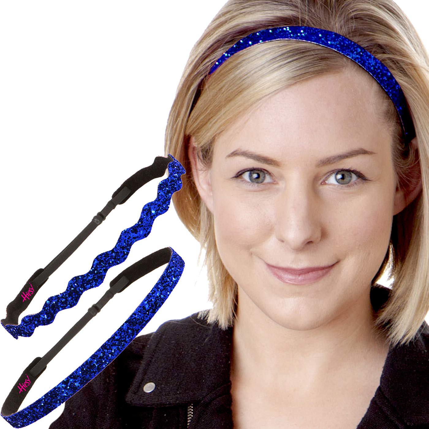 Sparkly Bling Adjustable No-Slip Headbands for Women, Girls & Teens - 2 Pack Petite Size (Royal Blue Glitter) - Perfect for Sports, Workouts, School & Everyday Fashion