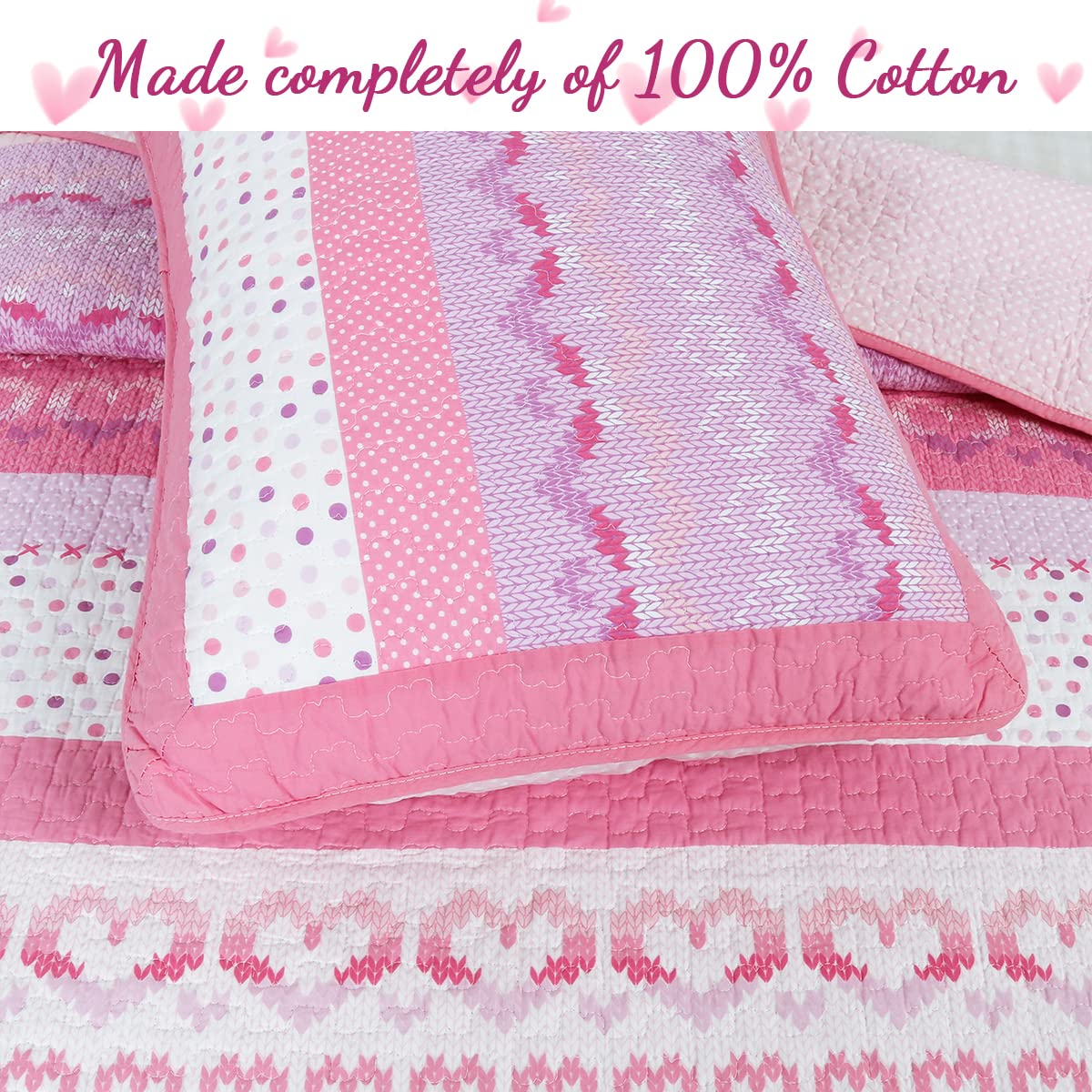 Pink Butterfly Knit 100% Cotton Reversible Quilt Bedding Set - 6 Piece Queen Size (1 Quilt + 2 Shams + 3 Decorative Pillows) | Cozy Line Home Fashions | Soft & Breathable Coverlet & Bedspread for Bedroom Decor, Guest Room & Cozy Nights