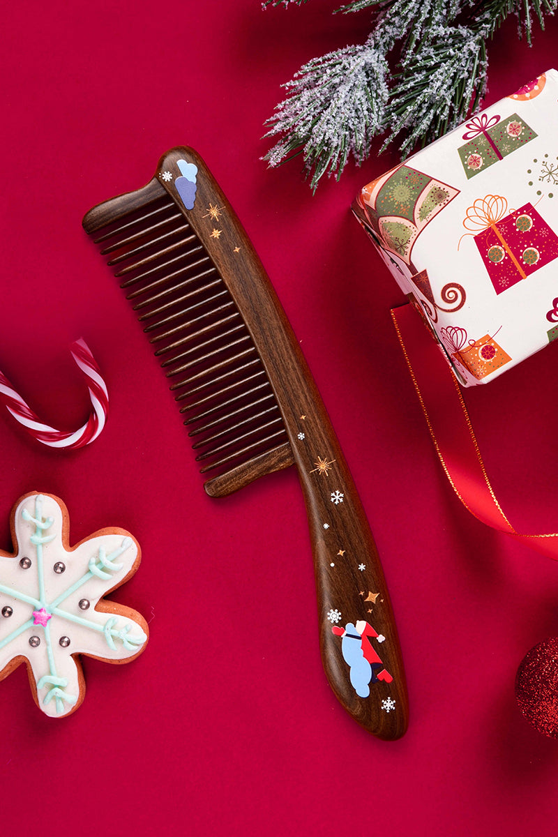 Snowman Long Handle Wooden Comb for Men & Women - Detangling & Scalp Massage - Perfect for Dry, Curly & Thick Hair - Home & Travel Use