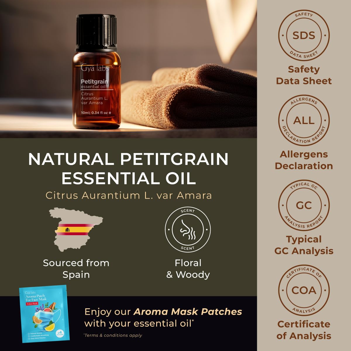 Gya Labs 100% Pure Petitgrain Essential Oil (0.34 Fl Oz) - Natural Aromatherapy Oil for Skin, Hair, Diffusers & Massage - Woodsy Floral Scent for Relaxation, Stress Relief & Candle Making - Perfect for Home Spa, Yoga & Meditation
