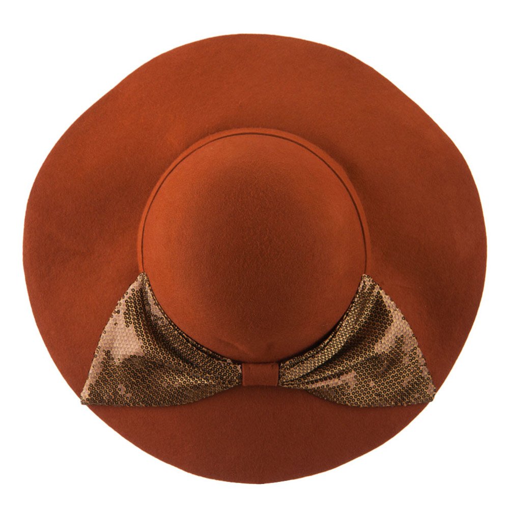 Wool Felt Wide Brim Hat with Big Sequin Bow - Pecan Brown | Fashion Winter Hat for Women, Outdoor Events & Holiday Parties