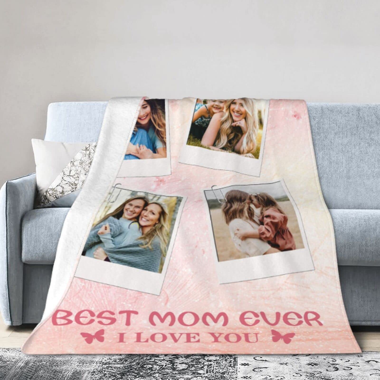 Best Mom Ever Custom Photo Blanket - Personalized 4 Picture Blanket Gift for Mom, Grandma - Perfect for Mother's Day, Birthday, Christmas, New Year, Halloween - Cozy Home Decor & Thoughtful Keepsake