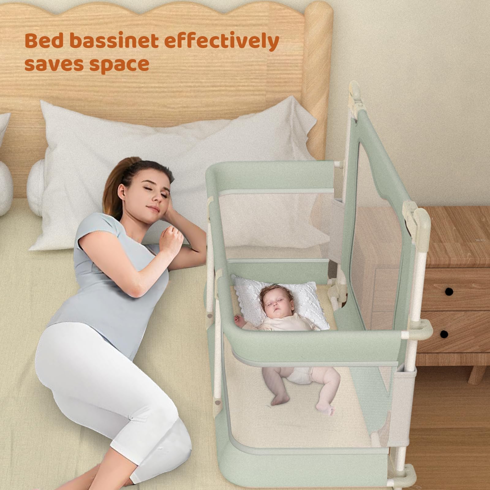 **Portable Baby Bassinet Bedside Sleeper - Adjustable Height Foldable Crib with Safety Rail for Newborns & Toddlers | Perfect for Co-Sleeping, Nursery, and Travel**