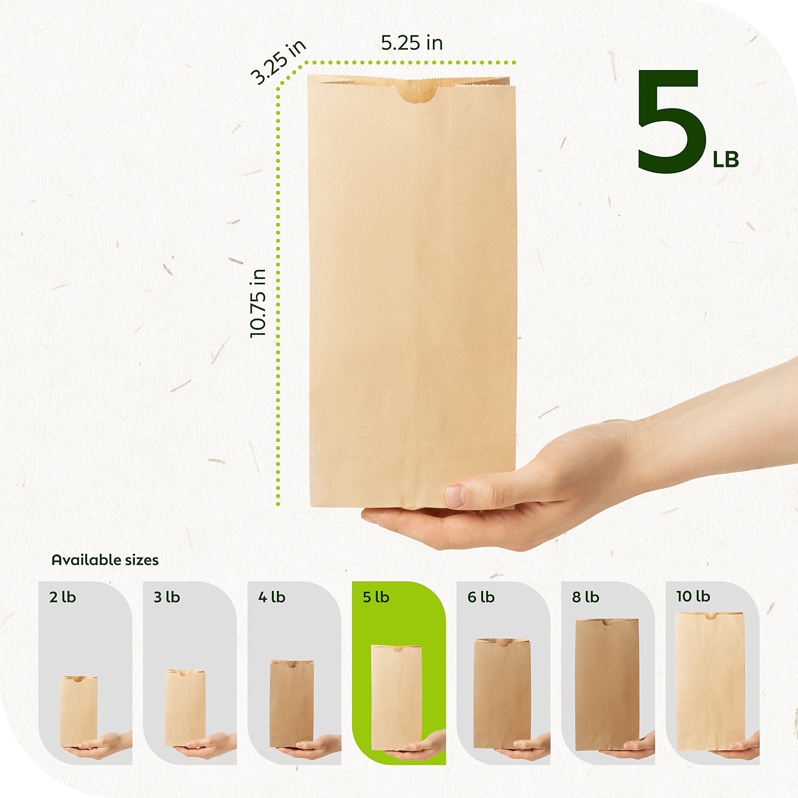 Durable Kraft Paper Bags 5 Lb - Eco-Friendly Brown Lunch Bags for Snacks, Sandwiches, Pastries, Popcorn & Groceries - Bulk 5.25 x 3.25 x 10.75 Inch Food Safe Bags (500 Count) - Perfect for School Lunches, Party Favors & Takeout Packaging