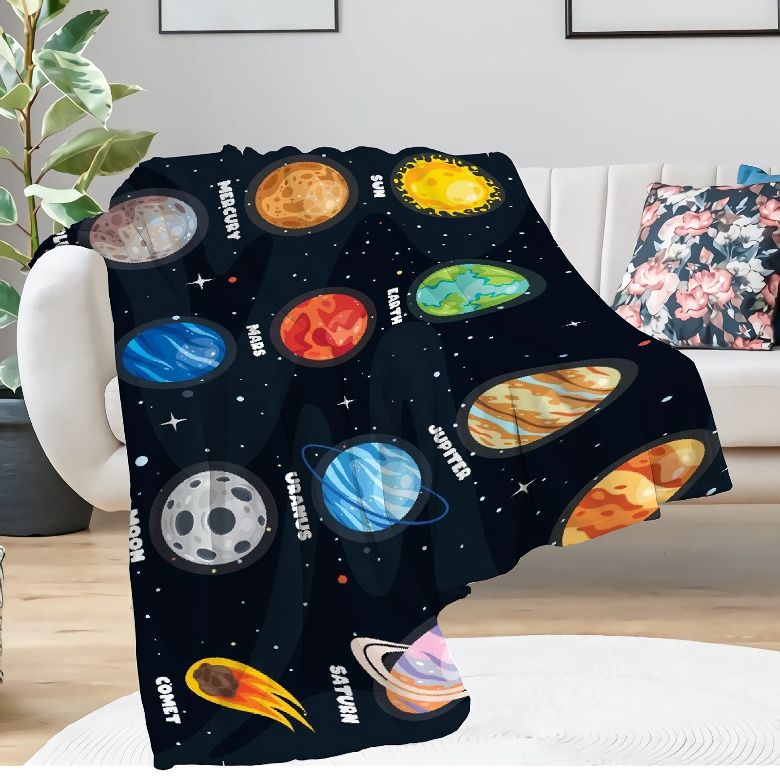 Pindola Solar System Planets Throw Blanket - 50x40 Inch Soft Cozy Lightweight Blanket for Kids & Adults - Space Themed Bedroom Decor, Nursery Blanket, Gift for Astronomy Lovers - Perfect for Couch, Bed, Sofa, Stargazing & Home Decor