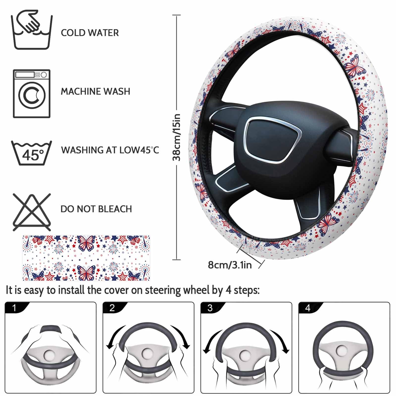 4th of July Patriotic Steering Wheel Cover - Red, Blue & Stars Design with Firework & American Flag Print - Non-Slip Elastic Sponge Grip for Cars, SUVs, Trucks & Vans - Perfect for Independence Day Celebrations & Road Trips