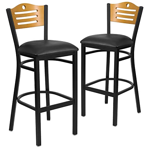 Natural Wood Back/Black Vinyl Seat/Black Metal Frame