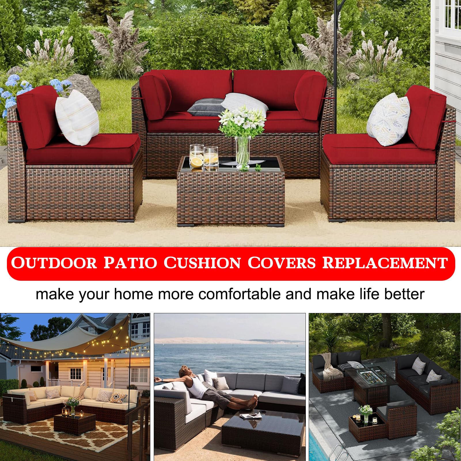 Waterproof Outdoor Patio Cushion Covers with Zipper - Replacement Slipcovers for Wicker Rattan Sectional Couch & Chair (Set of 12, Red) - Perfect for Garden, Poolside, and Patio Furniture Protection