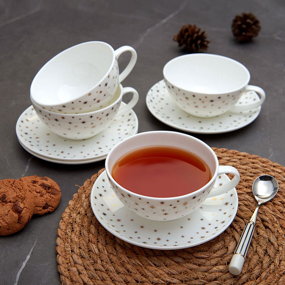 Millie Gold 4-Piece Tea Cup and Saucer Set - Elegant Porcelain Tea Cups for Afternoon Tea, Bridal Shower, and Home Decor