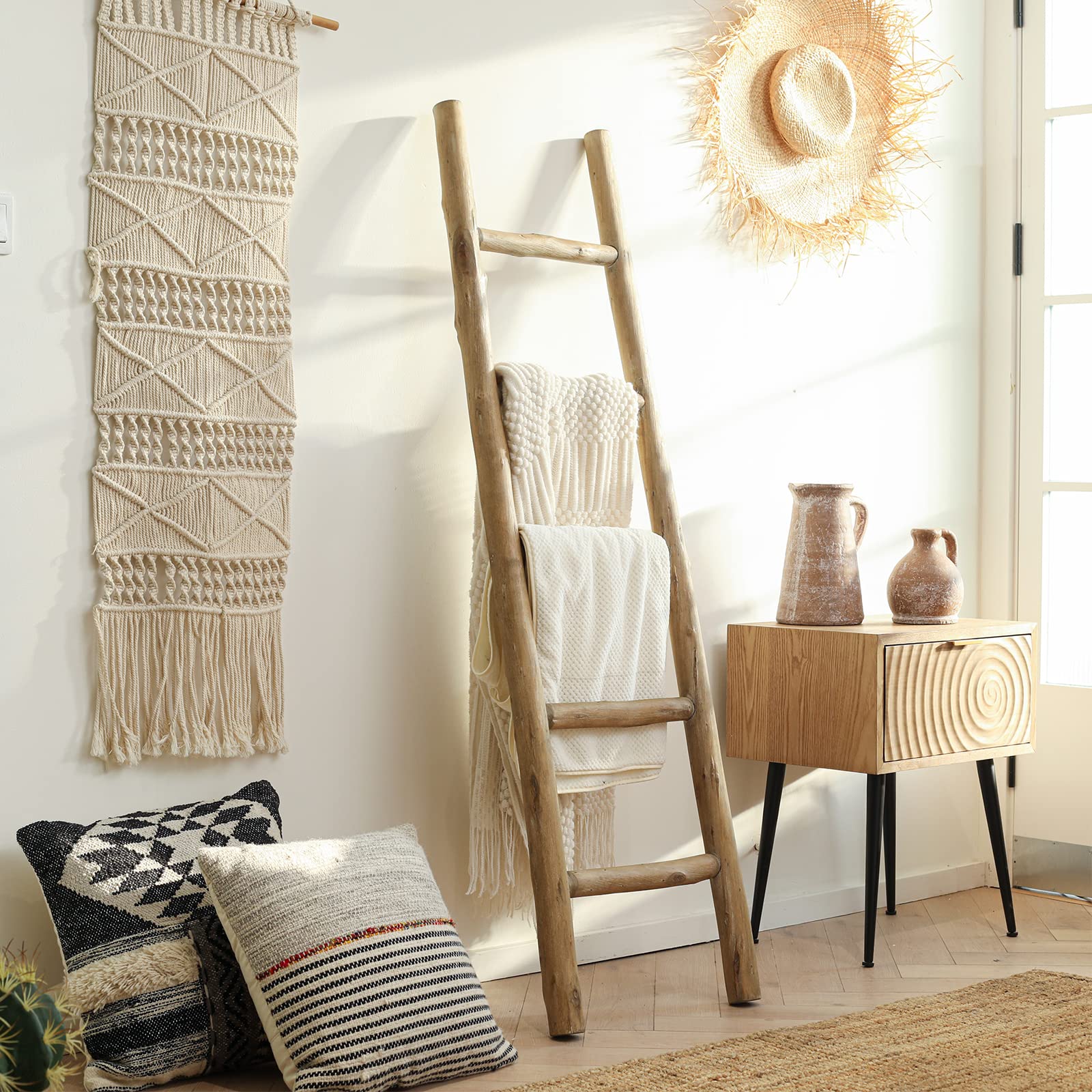 5FT Fully Assembled Wooden Blanket Ladder - Rustic Farmhouse Decor for Living Room & Bathroom | Quilt Display, Towel Rack & Cozy Home Accessory | Perfect for Blanket Storage, Wall Decor & Farmhouse Style