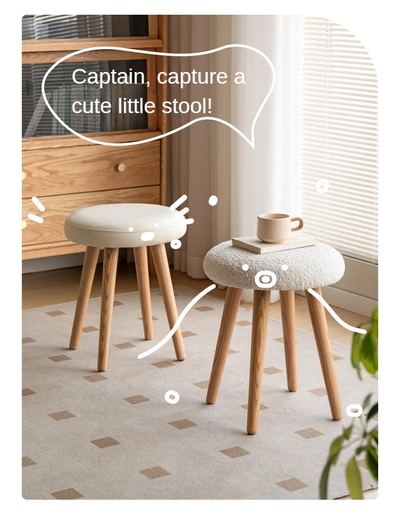 Oak Solid Wood Round Makeup Stool - Durable Vanity Seat with Cushion for Bedroom, Bathroom & Dressing Room - Perfect for Makeup, Hair Styling & Relaxing