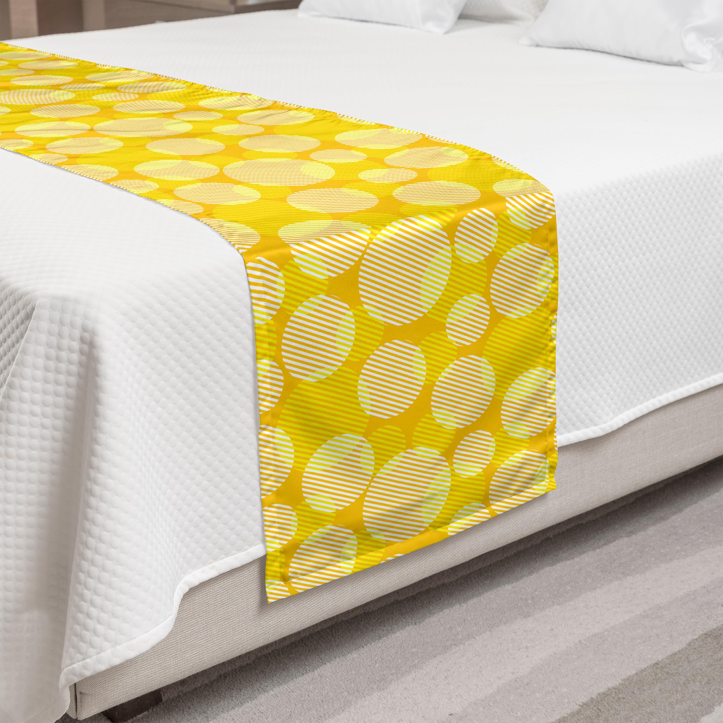 Ambesonne Yellow White Bed Runner - Geometric Dots Stripes for Hotels & Homes