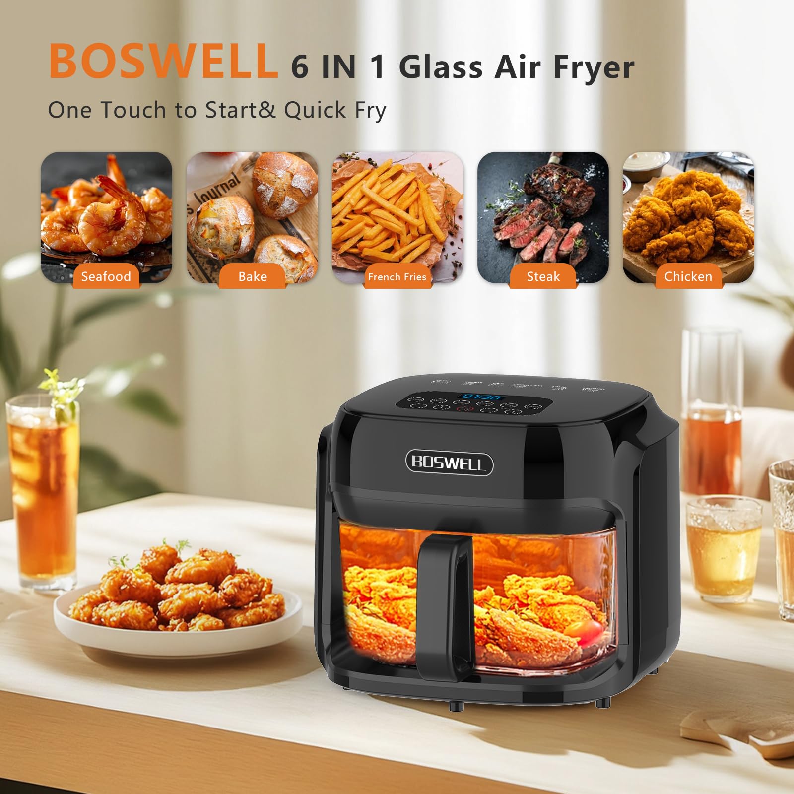 BOSWELL 7.5QT Glass Air Fryer with Transparent Basket - Digital Temperature Control, 360° Rapid Air Circulation, Stainless Steel Design - Dishwasher Safe for Easy Cleaning - Perfect for Family Dinners, Healthy Snacks & Crispy Fried Foods (Black)
