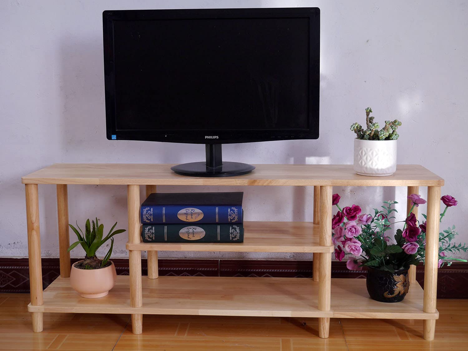 Solid Wood TV Stand for 48 Inch TV - Turn-S-Tube Wide Entertainment Center with Lacquer Finish | Natural Wood TV Cabinet for Living Room, Bedroom & Home Theater Setup