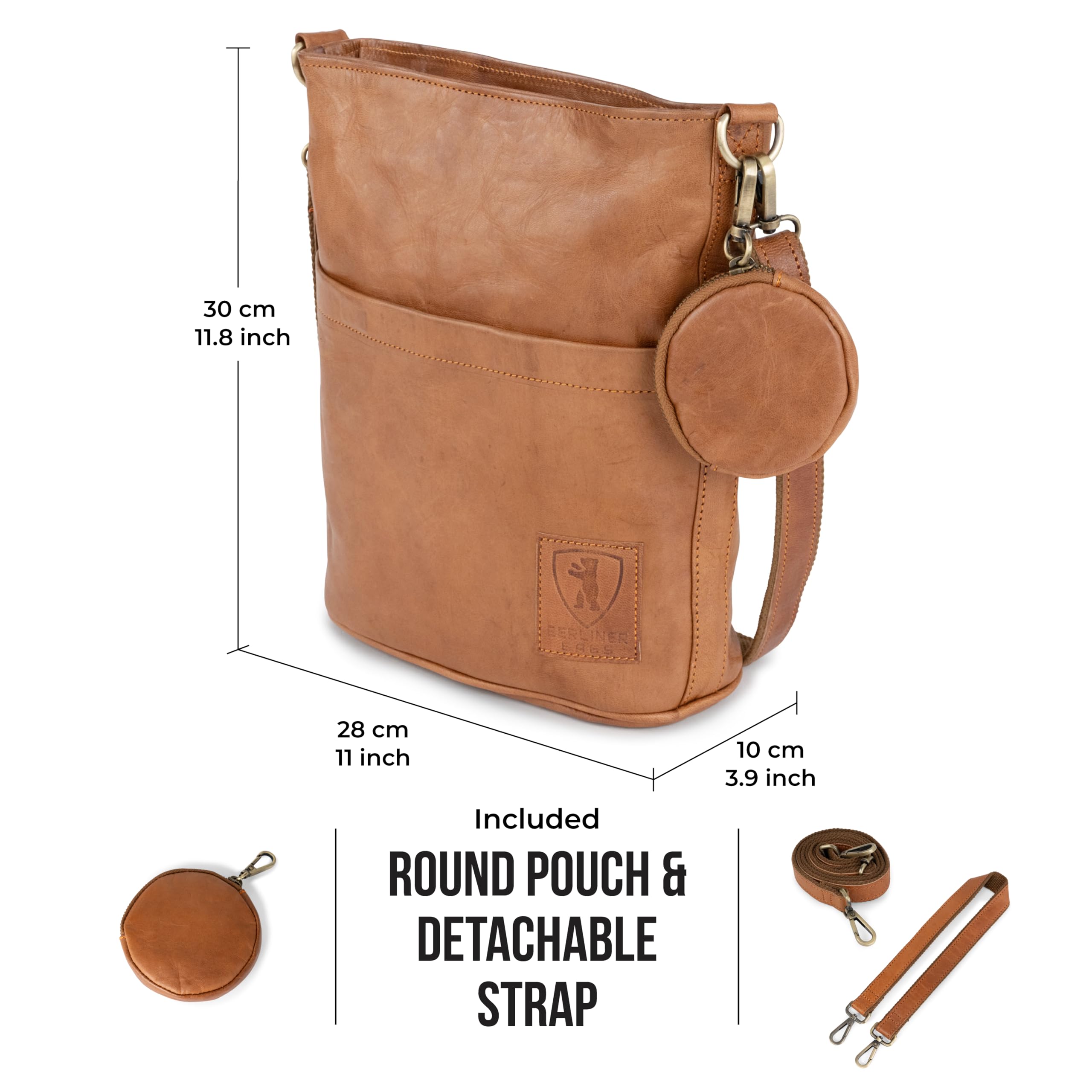 BERLINER BAGS Vintage Genuine Leather Shoulder Bag Sofia - Women's Crossbody Purse & Handbag for Everyday Use, Work, Travel & Date Night