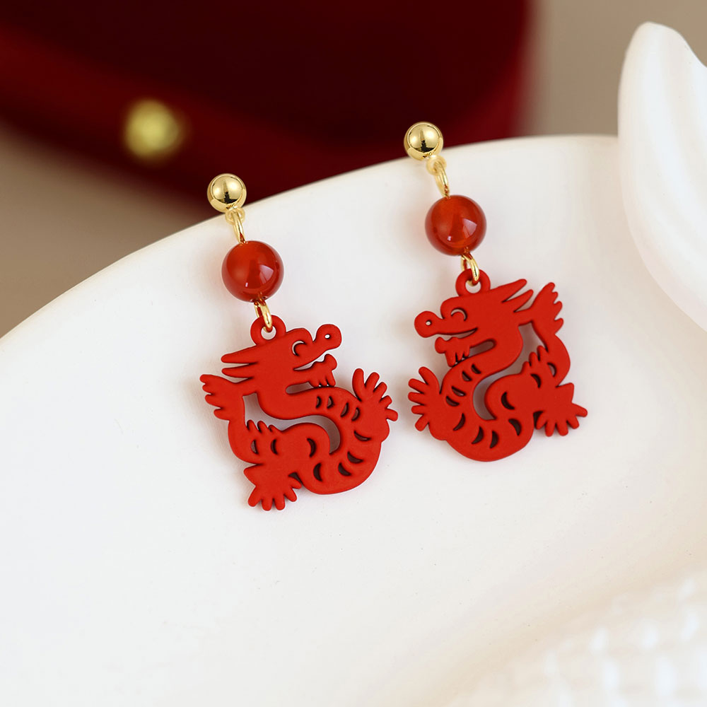 Chinese Zodiac Red Dragon Clip-On & Pierced Dangle Earrings for Women - Festive Holiday Jewelry for Lunar New Year, Cosplay & Special Occasions