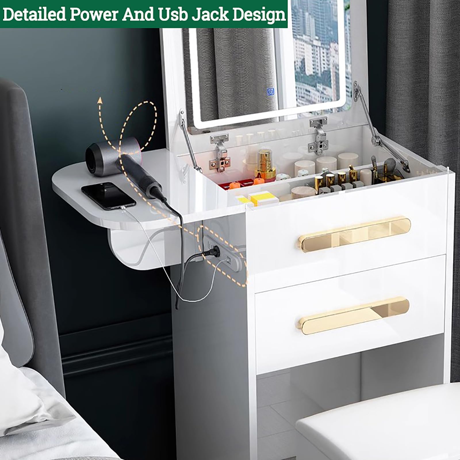 Modern LED Vanity Desk with Mirror & Storage - White Makeup Dressing Table for Bedroom