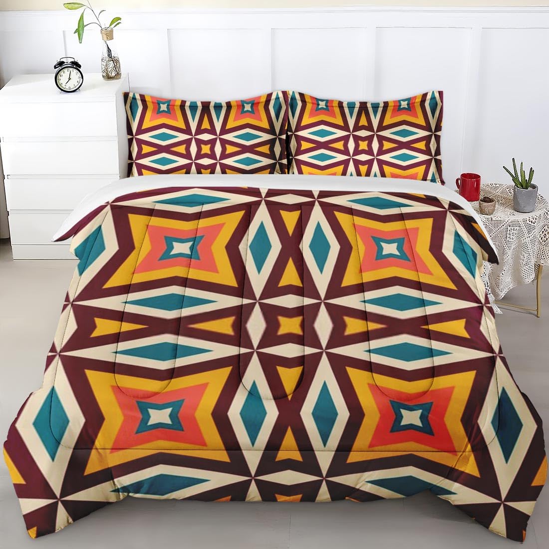 Retro 70s Mid Century King Size Comforter Set - Geometric Hippie Aesthetic Bedding with 2 Pillowcases for Adults & Kids | Perfect for Vintage Bedroom Decor, Boho Chic Home Styling and Cozy Sleep