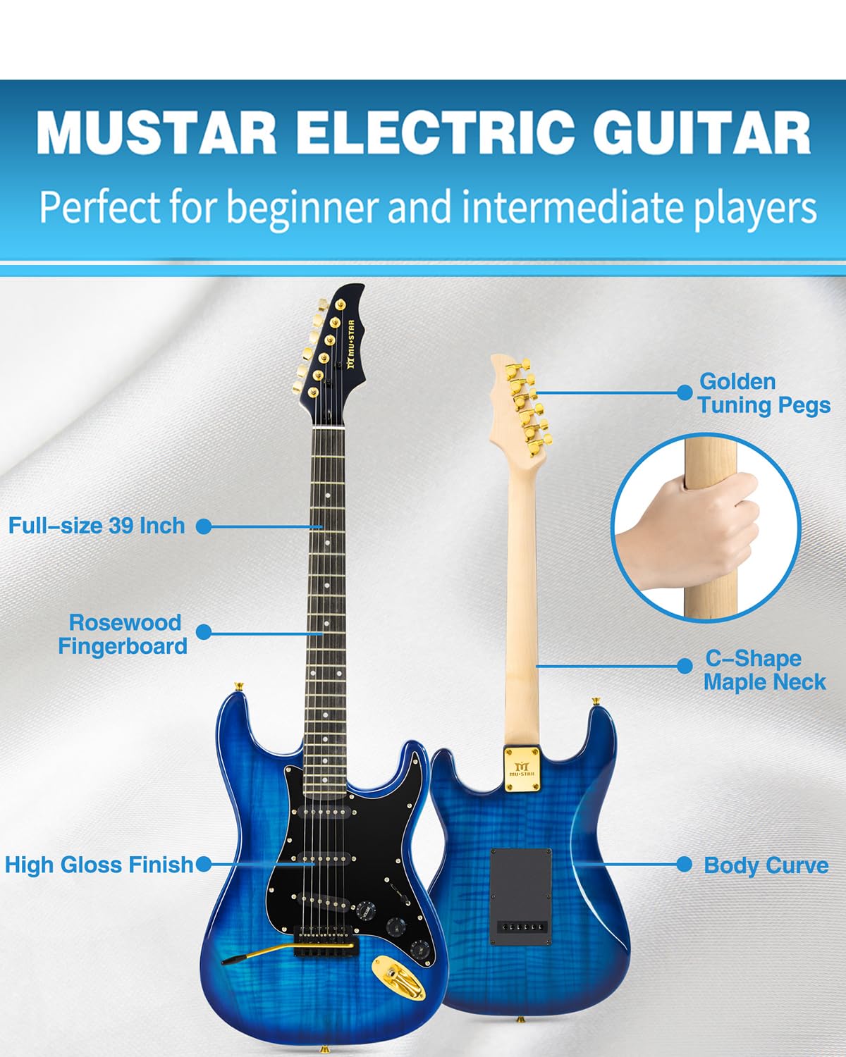 MUSTAR 39 Inch Full Size Solid Wood Electric Guitar Kit with 25W Amplifier - Beginner Electric Guitar Set Includes Gig Bag, Tuner, Capo, Strap, Cable & Picks - Perfect for Beginners, Practice, Performances & Birthday/Holiday Gifts (Blue)