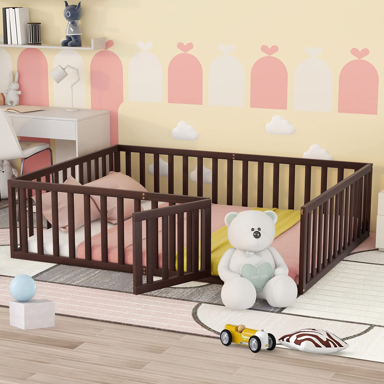 Montessori Floor Bed for Kids - Queen Size Wooden Bed Frame with Safety Fence & Door | Sturdy Walnut Toddler Bed for Boys & Girls | Perfect for Montessori Bedrooms, Playrooms & Nursery Rooms (No Bed Slats Required)