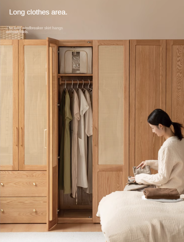 Oak Solid Wood Modular Wardrobe with Rattan Doors - Customizable Closet Storage for Bedroom & Living Room Organization