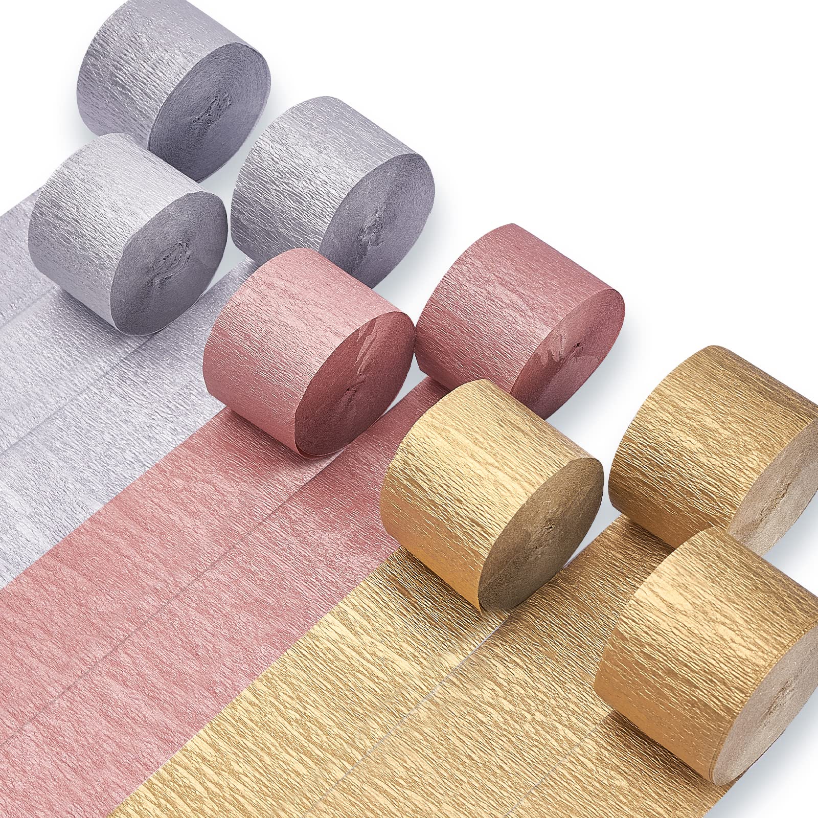 PartyWoo Metallic Crepe Paper Streamers - 8 Rolls (656ft Total) Gold, Silver, Rose Gold Decorative Streamers for Birthday Parties, Weddings, Baby Showers & Special Events - 1.8