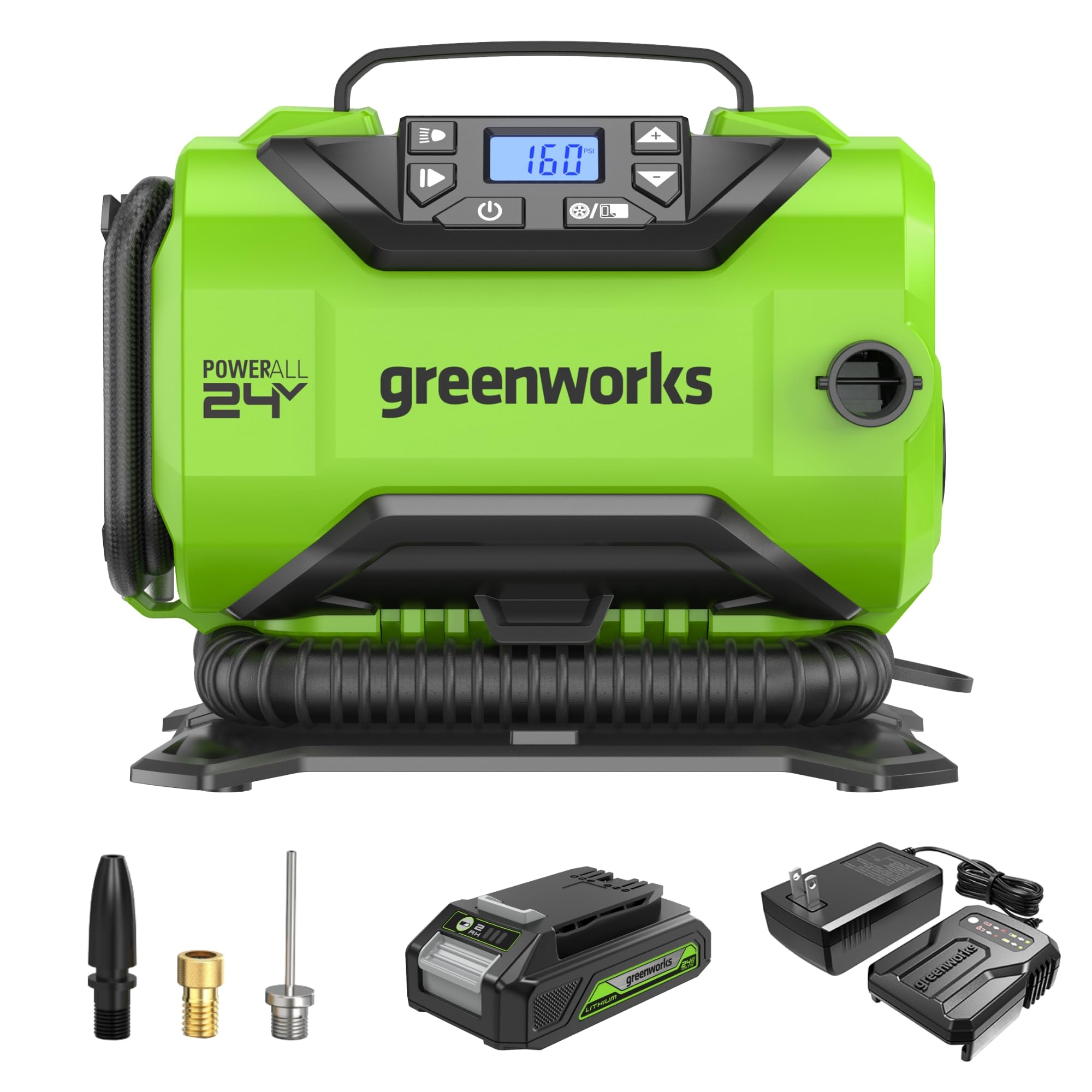 Greenworks 24V Cordless Tire Inflator - 160 PSI Portable Air Compressor with 2 Power Sources, Auto Shut Off & 2.0Ah Battery - Fast Charging for Cars, Bikes, Motorcycles, Airboats & Inflatables | Perfect for Road Trips, Camping & Emergency Tire Inflation