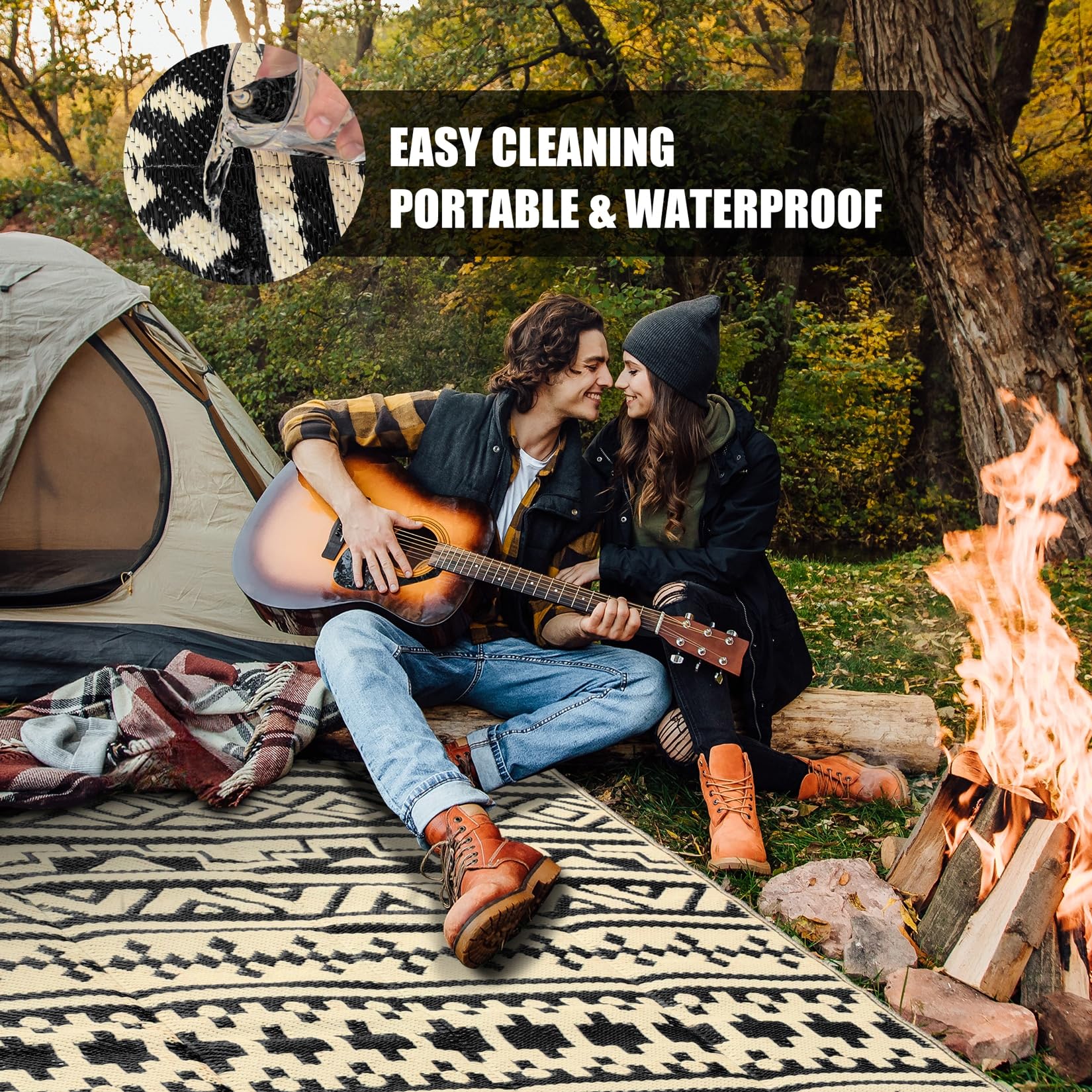 Waterproof Reversible Outdoor Plastic Straw Rug 5x8ft - Geometric Boho Black & Brown - Perfect for Patio, Camping, Balcony, RV, Picnic & Beach - Durable All-Weather Area Rug for Outdoor Decor